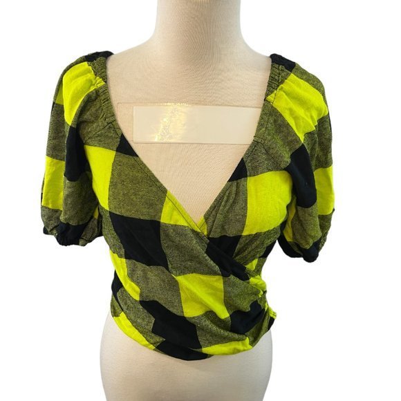 NWOT BP x WILDFANG Black Green Plaid Surplice Top Bubble Sleeve Smocked Back (XS - Picture 2 of 9